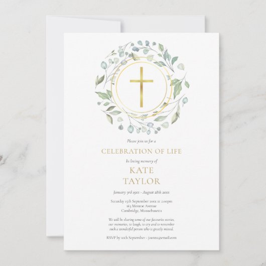 金ゴールドクロスグリーンリーガーランドお祝いオブ・ライフ 招待状 (正面)