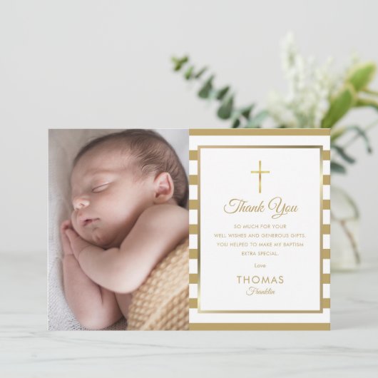 金ゴールドクロスストライプのバプテスマ《キリスト教》洗礼式や命名式写真 サンキューカード (スタンド正面)
