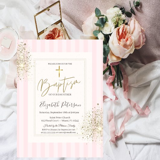 金ゴールドクロスダイヤモンドダストピンクバプテストライプのィス 招待状