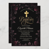 金ゴールドクロスダークブルゴーニュバラバプテスマ 招待状 (正面/裏面)