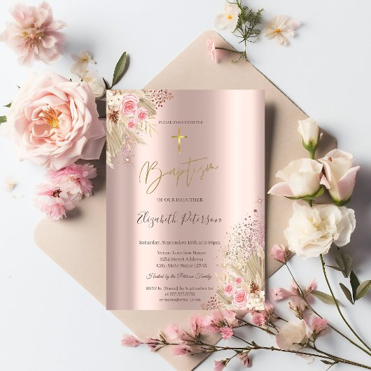 金ゴールドクロスパンパスグラスフラワーズバプテスマバラ金ゴールド 招待状