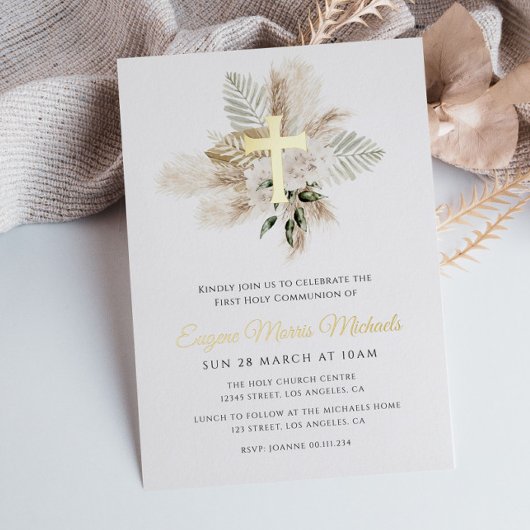金ゴールドクロスパンパ最初の聖餐式 箔招待状