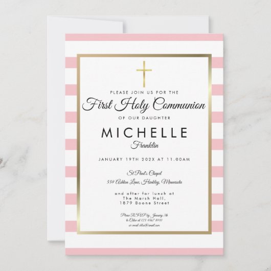 金ゴールドクロスピンクストライプク聖餐式 招待状 (正面)