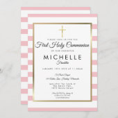 金ゴールドクロスピンクストライプク聖餐式 招待状 (正面/裏面)