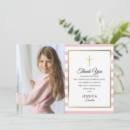 金ゴールドクロスピンクストライプ第1聖体拝領写真 サンキューカード (スタンド正面)