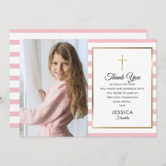 金ゴールドクロスピンクストライプ第1聖体拝領写真 サンキューカード (正面/裏面)