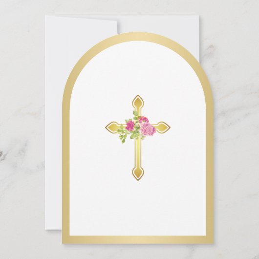 金ゴールドクロスピンクローゼスフローラアーチファースト聖餐式 招待状 (裏面)