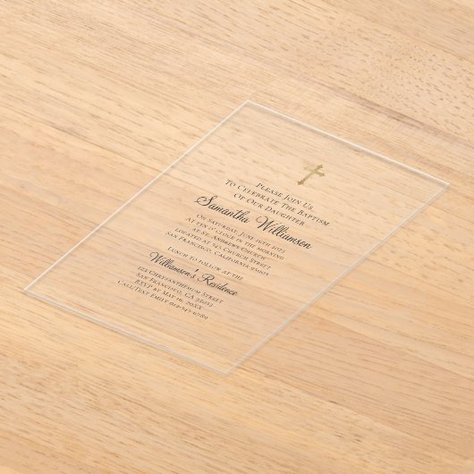 金ゴールドクロスフェイクバプティスマルのミニマリスト アクリル招待状 (レイダウン)