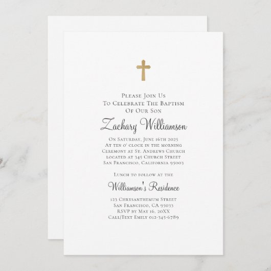 金ゴールドクロスフェイクバプティスマルのミニマリスト 招待状 (正面/裏面)