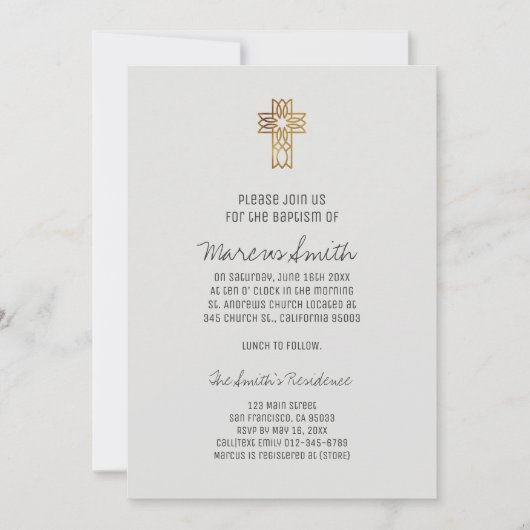 金ゴールドクロスフェイク男の赤ちゃんフォトバプティスマス招待状 招待状 (正面)
