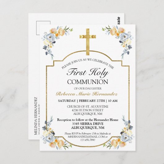 金ゴールドクロスフローラ第1聖餐式招待状 ポストカード (正面/裏面)