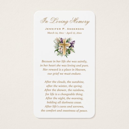 金ゴールドクロスフローラ葬儀記念祈りの言葉カード (正面)