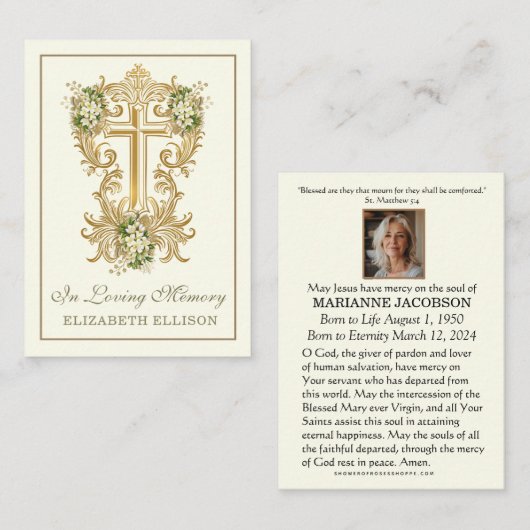 金ゴールドクロスフローラ葬儀記念祈りの言葉カード プレイスカード (正面/裏面)