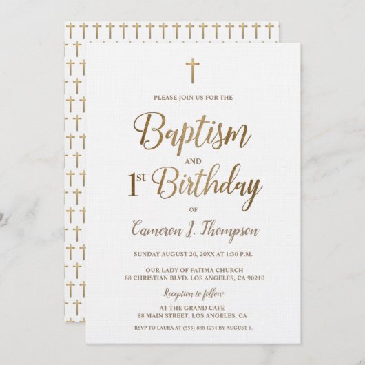 金ゴールドクロスホワイトバプテスマ1st誕生日招待状 招待状 (正面/裏面)