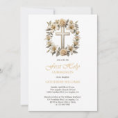 金ゴールドクロスホワイトローゼリリー最初の聖餐会 招待状 (正面)