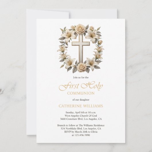 金ゴールドクロスホワイトローゼリリー最初の聖餐会 招待状 (正面)