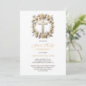 金ゴールドクロスホワイトローゼリリー最初の聖餐会 招待状 (スタンド正面)