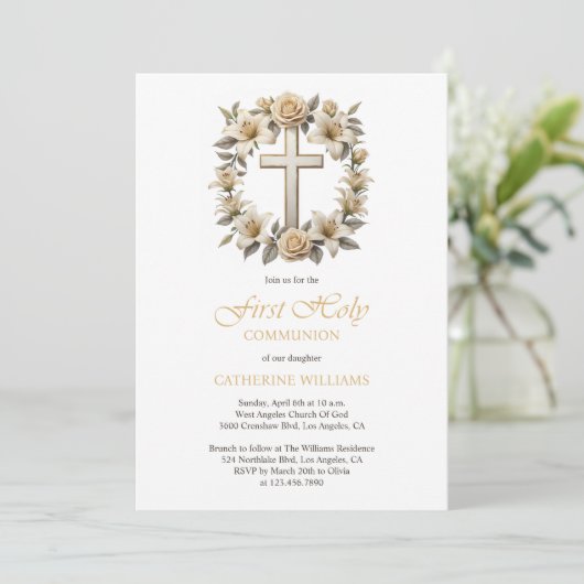 金ゴールドクロスホワイトローゼリリー最初の聖餐会 招待状 (スタンド正面)