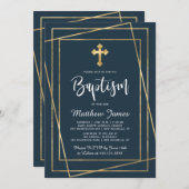 金ゴールドクロスモダンスクリプト海軍ブルーボーイバプテスマ 招待状 (正面/裏面)