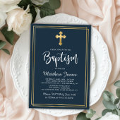 金ゴールドクロスモダンスクリプト海軍ブルーボーイバプテスマ 招待状