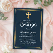 金ゴールドクロスモダンスクリプト海軍ブルーボーイバプテスマ 招待状