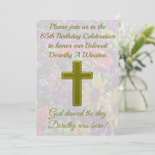 金ゴールドクロス及びフローラ85番目の誕生日招待状 招待状 (スタンド正面)