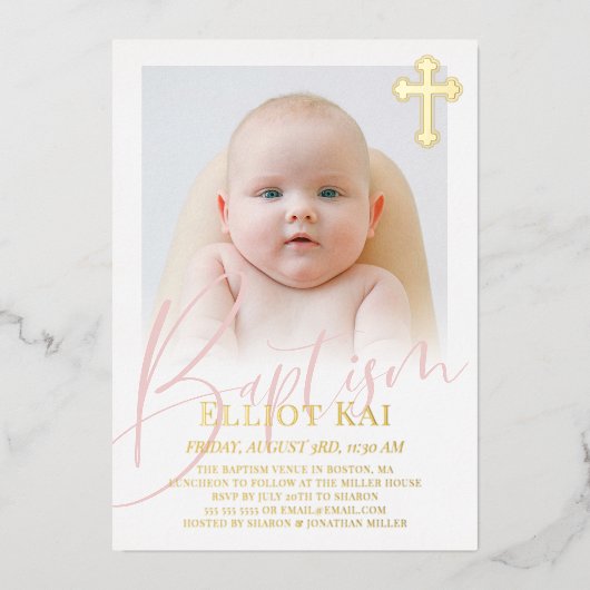 金ゴールドクロス淡い色のピンク文字フォトバプテスマの箔 箔招待状 (正面)