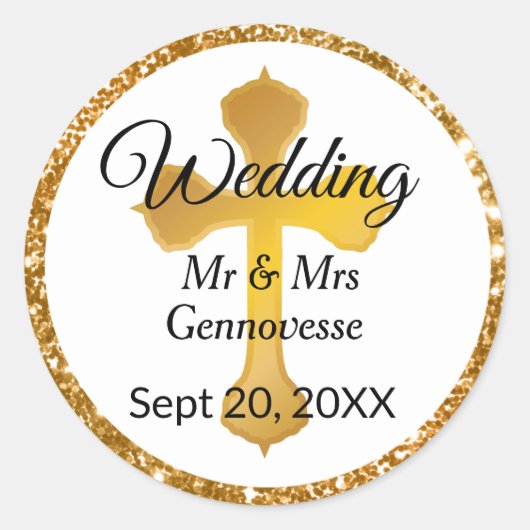 金ゴールドクロス結婚式の引き出物シールグリッター ラウンドシール (正面)