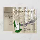 金ゴールドグライマーエメラルドグリッターシューズSweet sixteen 招待状 (正面/裏面)