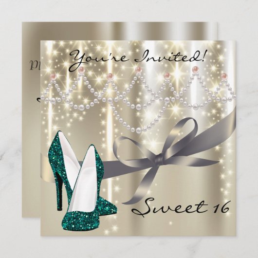 金ゴールドグライマーティール(緑がかった色)グリッターシューズSweet sixteen 招待状 (正面/裏面)