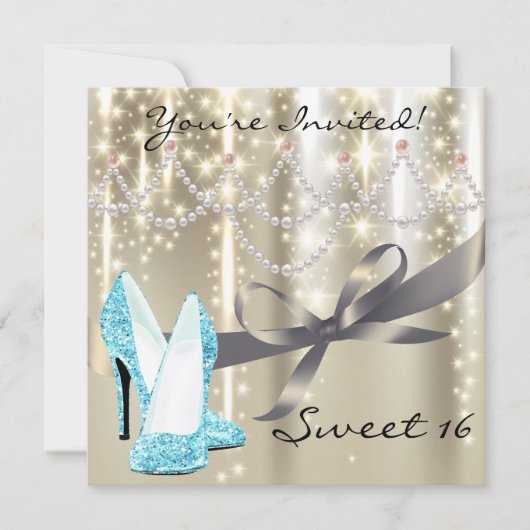 金ゴールドグライマーブルーグリッターシューズSweet sixteen 招待状 (正面)