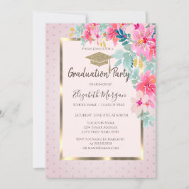 金ゴールドグラッドキャップウォーターカラーフラワーズドット卒業 招待状