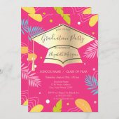 金ゴールドグラッドキャップ熱帯葉ピンク卒業 招待状 (正面/裏面)