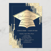 金ゴールドグラッドキャップ、グリッタードリップスネイビーブルー卒業 招待状 (正面/裏面)