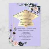 金ゴールドグラッドキャップ、フラワーライトパープル卒業 招待状 (正面/裏面)