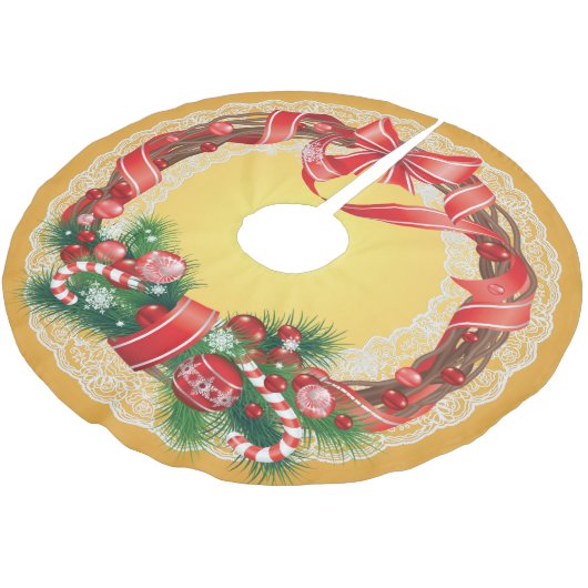 金ゴールドグラデーションとレースとクリスマスリース ブラッシュドポリエステルツリースカート (アングル)