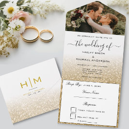 金ゴールドグラデーションエレガントモダン写真結婚ズ オールインワン招待状