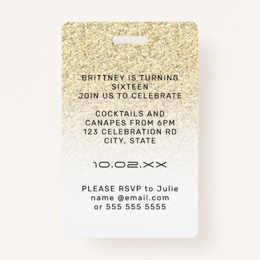 金ゴールドグラデーショングリッターグラムVIPパス16招待状 バッジ (裏面)