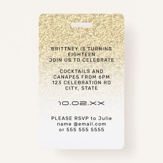 金ゴールドグラデーショングリッターグラムVIPパス18招待状 バッジ (裏面)