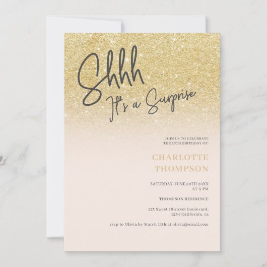 金ゴールドグラデーショングリッターピンク写真サプライズSweet 16 招待状 (正面)