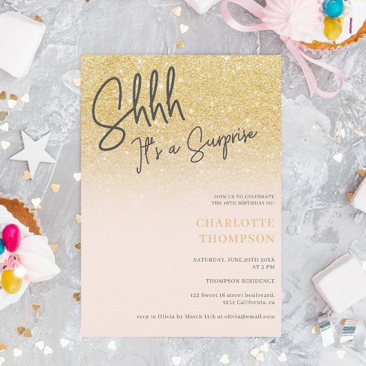 金ゴールドグラデーショングリッターピンク写真サプライズSweet 16 招待状