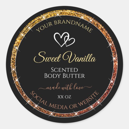 金ゴールドグラデーショングリッターフレームの黒い製品ラベル ラウンドシール (正面)