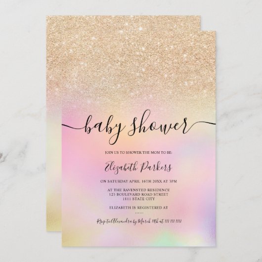 金ゴールドグラデーショングリッターホログラフィックガールベビーシャワー 招待状 (正面/裏面)