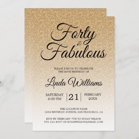 金ゴールドグラデーショングリッター40歳と40歳の誕生日 招待状 (正面/裏面)