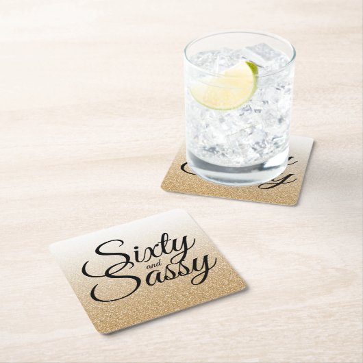 金ゴールドグラデーショングリッター60とサッシー60誕生日 スクエアペーパーコースター (インサイチュ)