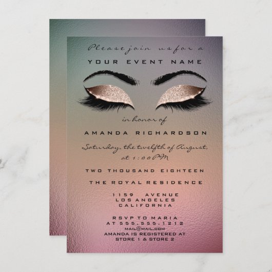 金ゴールドグラデーションピンクメイクグリッターブライダル16目 招待状 (正面/裏面)