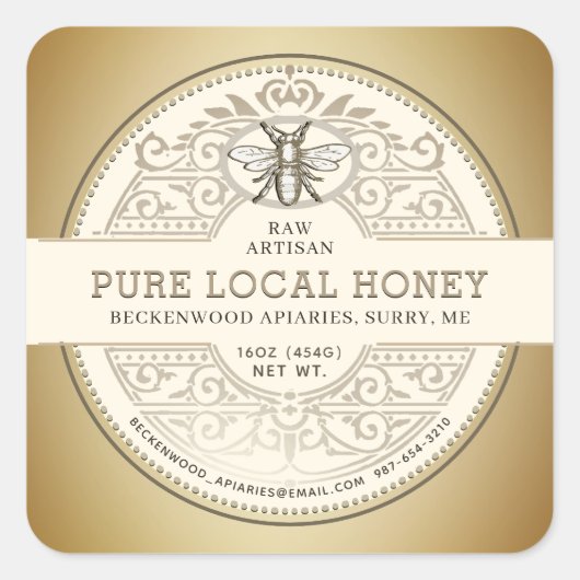 金ゴールドグラデーション華美付き純粋なローカル蜂蜜ラベル スクエアシール (正面)