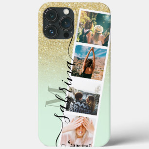 金ゴールドグラデーション4 photo grid collage name mint monogra iPhone 13 pro maxケース