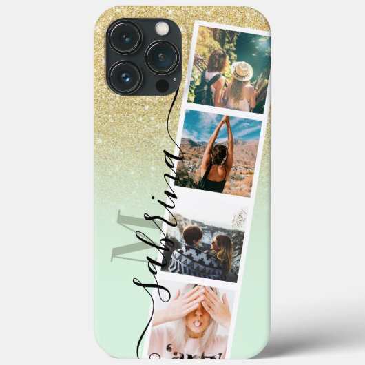 金ゴールドグラデーション4 photo grid collage name mint monogra Case-Mate iPhoneケース (裏面)