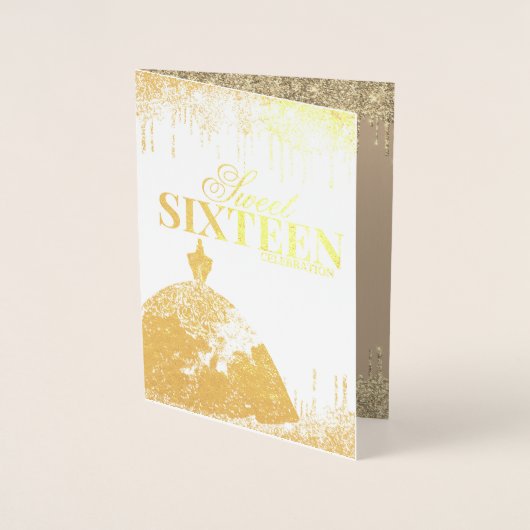 金ゴールドグラマーグリッタースパークドリップスウィート16誕生日 箔カード (正面)
